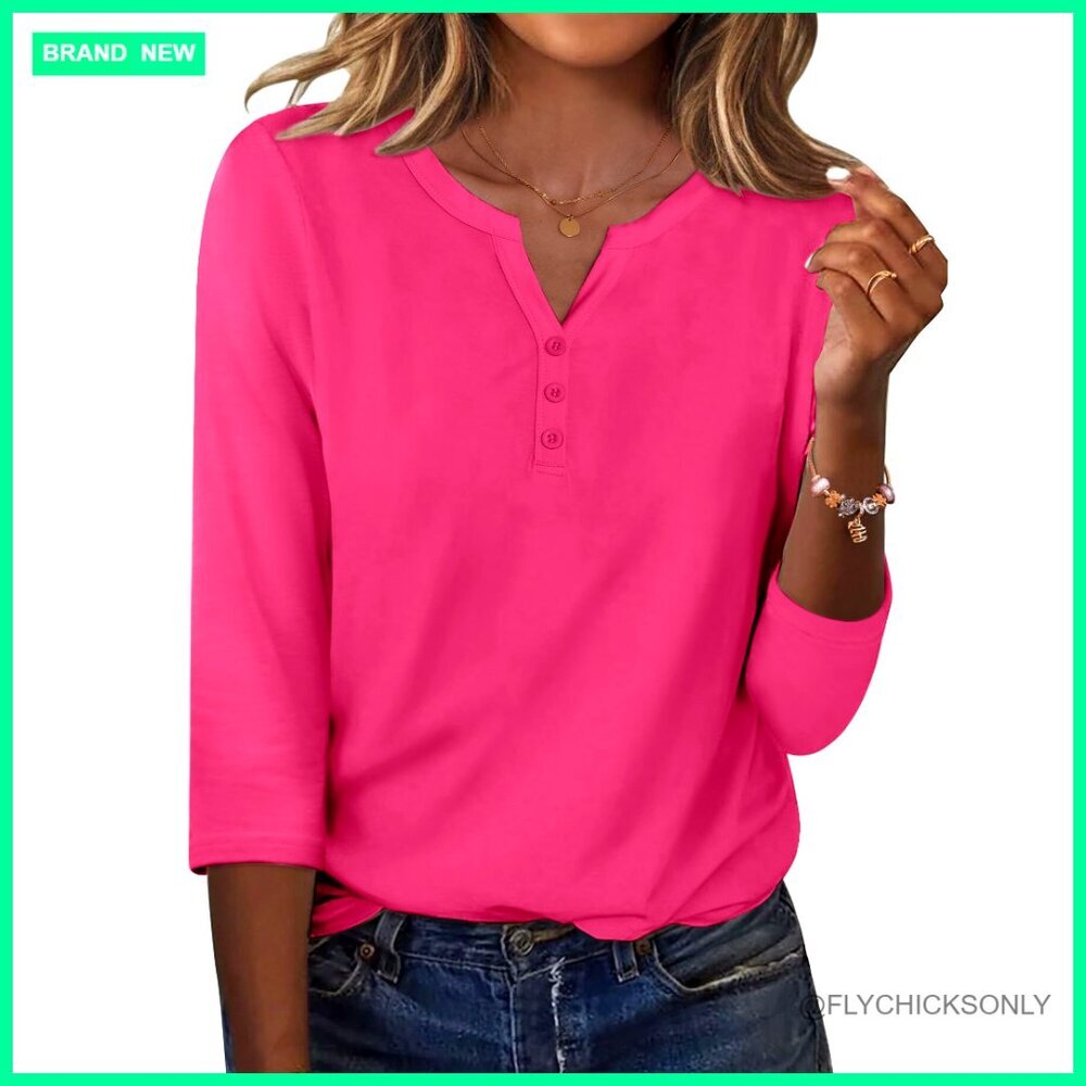 3/4 Sleeve Henley Blouse Loose Fit Polyester Spandex Work Casual
